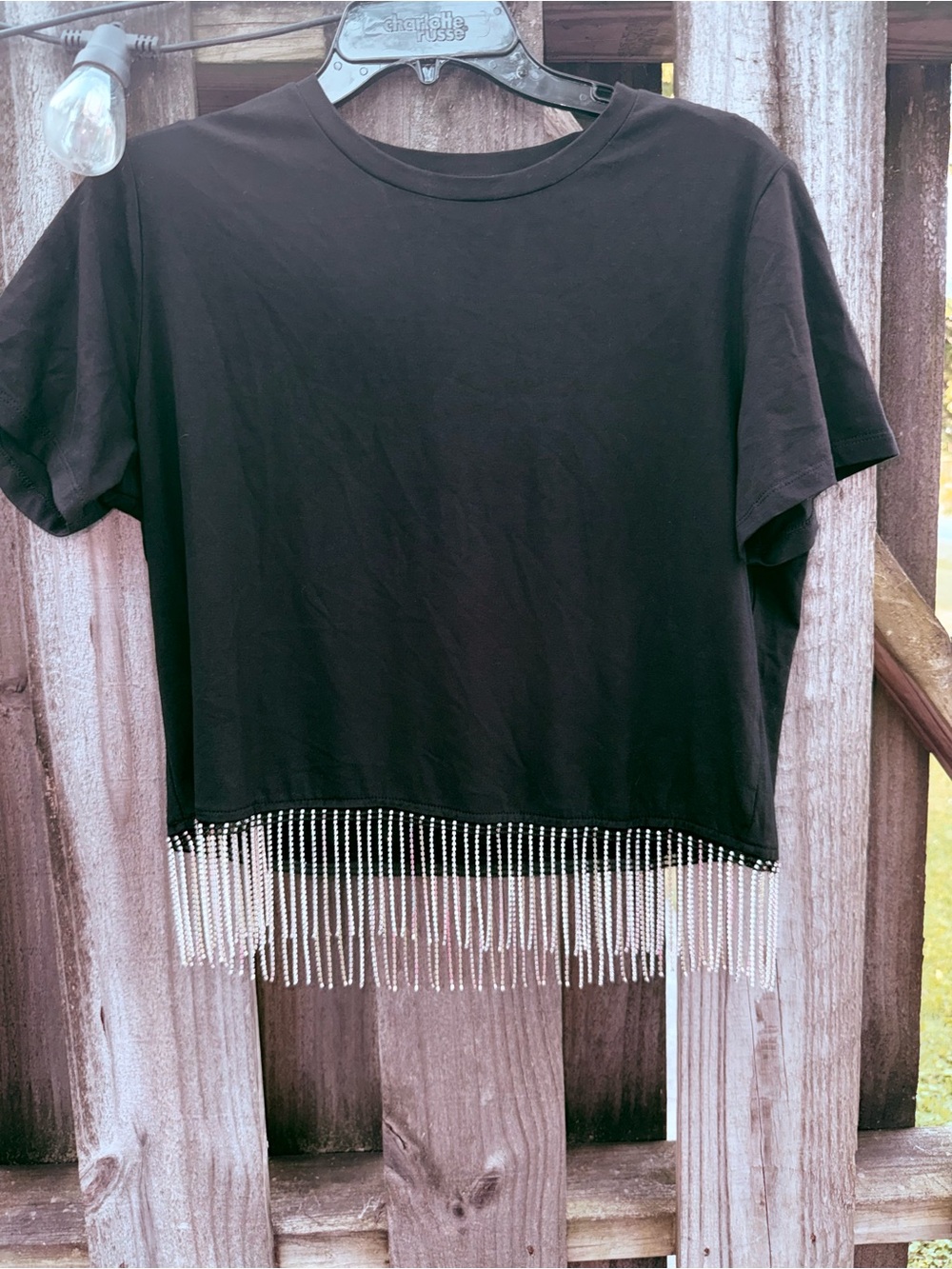 Joie Black Rhinestone Fringe Top
